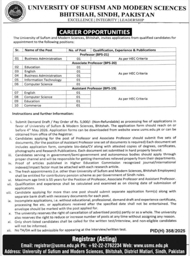 university of sufism and modern sciences jobs,latest university of sufism and modern sciences bhitshah jobs 2026,apply university of sufism bhitshah jobs 2026,university of sufism modern sciences bhitshah jobs advertisement 2026,apply usms.edu.pk jobs 2026