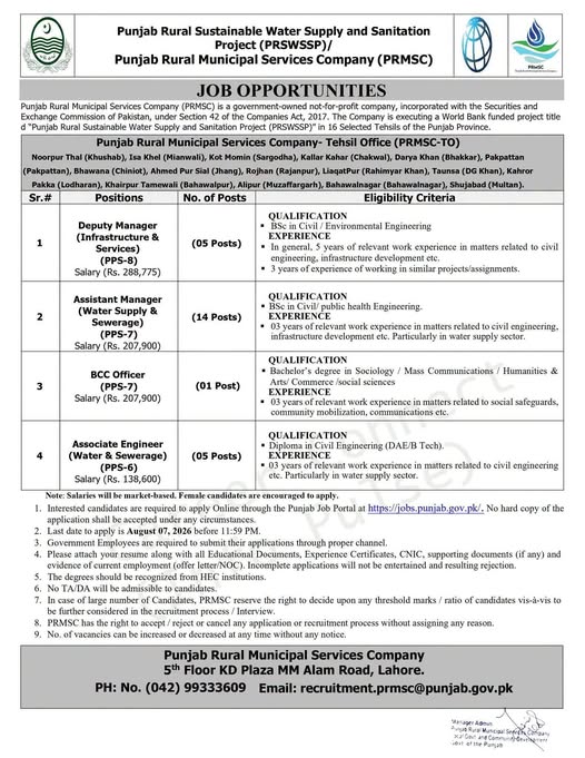 latest government of punjab water supply jobs,punjab rural sustainable water supply and sanitation jobs 2026,latest Punjab municipal services company jobs 2026,prswssp jobs 2026 advertisement,latest government of punjab jobs 2026,