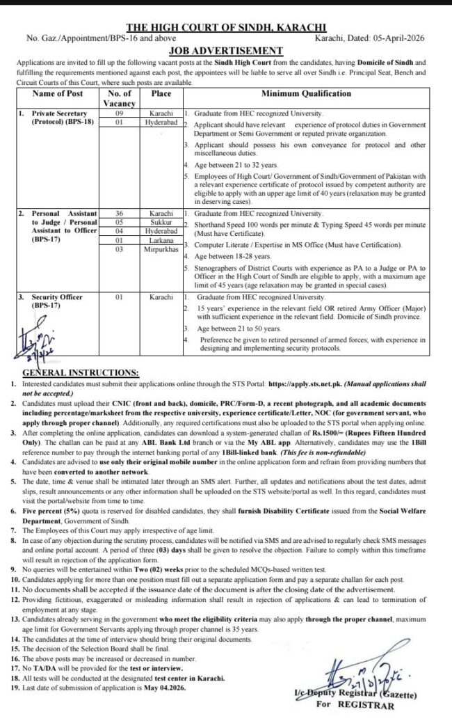 latest high court of sindh jobs,latest Sindh high court karachi jobs 2026,latest sindh high court jobs 2026 advertisement,latest sts jobs 2026 advertisement,apply sts jobs,the high court of sindh karachi jobs,