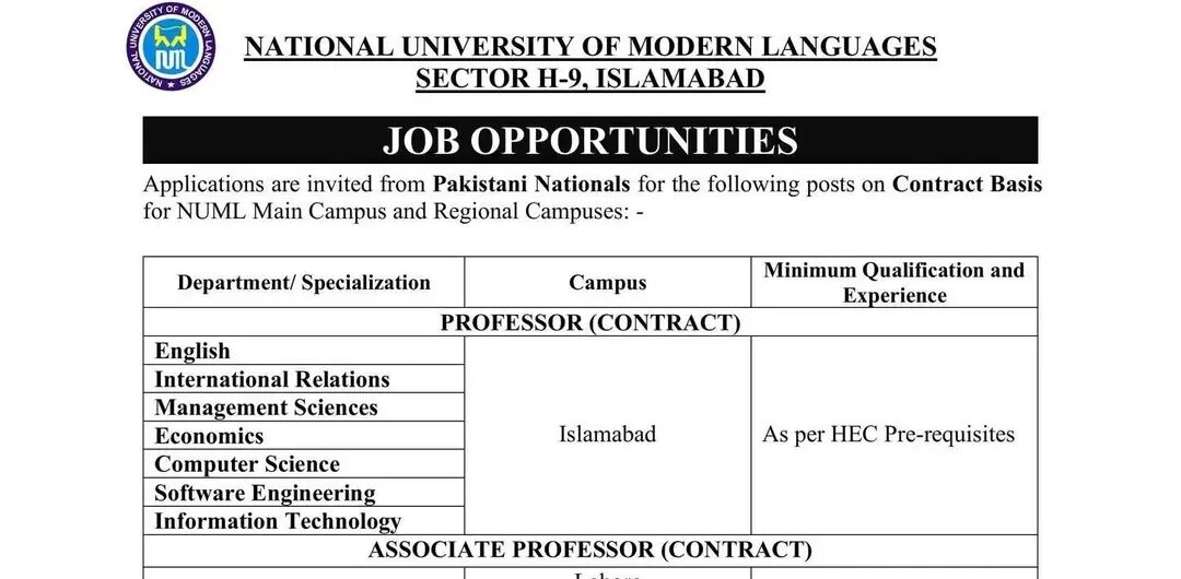 Latest National University of Modern Languages Jobs 2026 Apply NUML Jobs Online