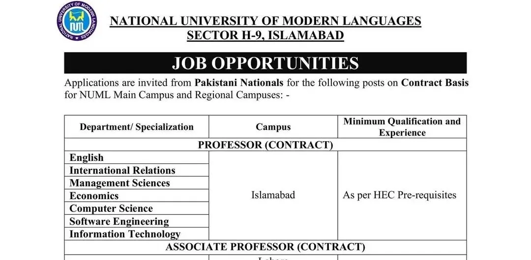 Latest National University of Modern Languages Jobs 2026 Apply NUML Jobs Online