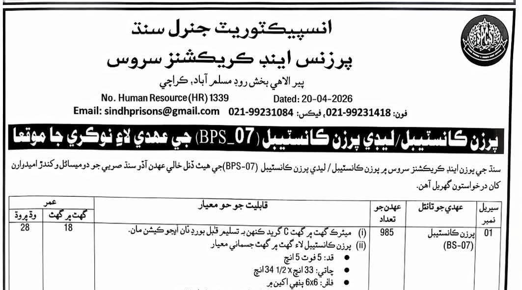 Latest Sindh Prisons and Correction Services Jobs 2026 Apply Prison Constable BPS-07 Jobs