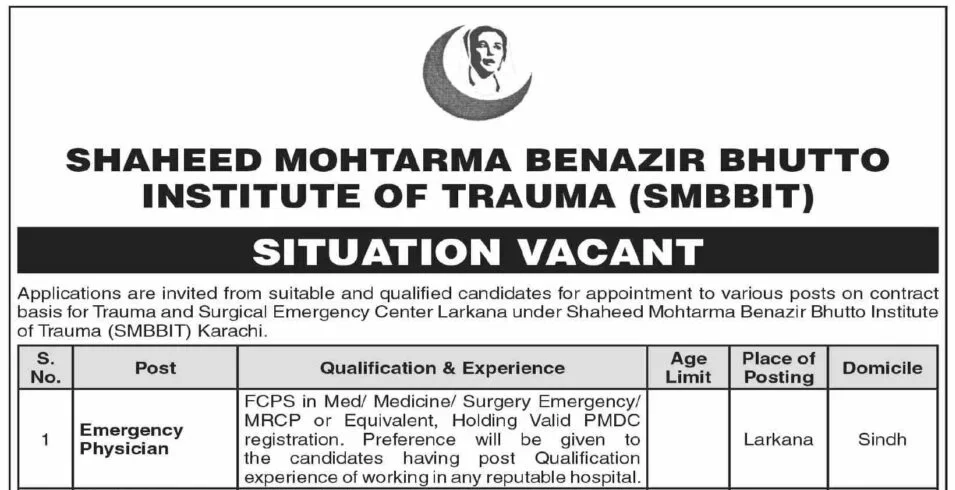 Latest SMBBIT Jobs 2026 Apply Shaheed Mohtarma Benazir Bhutto Institute of Trauma Jobs