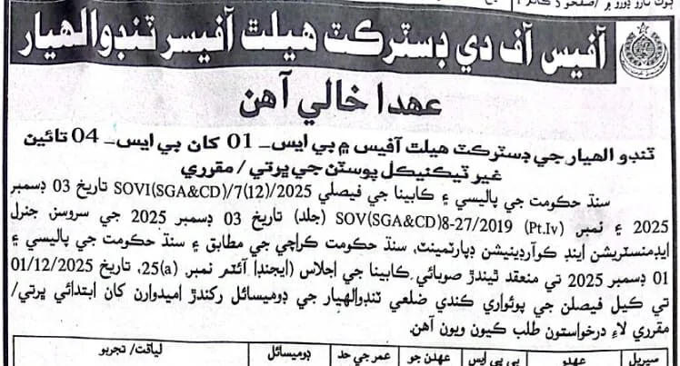 Office of the District Health Officer Sindh Jobs 2026 Apply Now Tando Allahyar Jobs