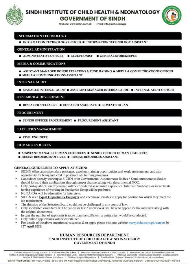 sindh institute of child health neonatology jobs,apply sichn careers online,latest sichn jobs advertisement 2026,apply government of sindh sichn jobs 2026,latest sindh institute of child and neonatology jobs 2026,latest sichn careers jobs 2026,