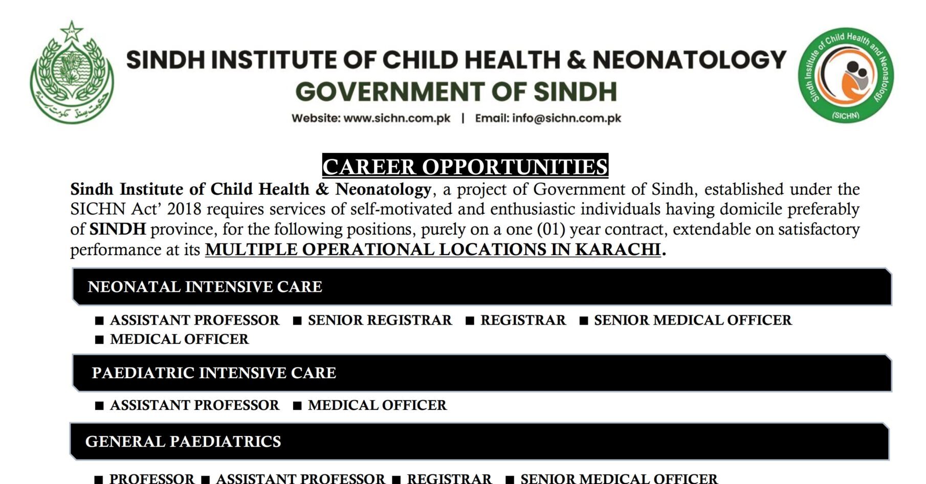 Latest Sindh Institute of Child Health Neonatology Jobs 2026 Apply Online