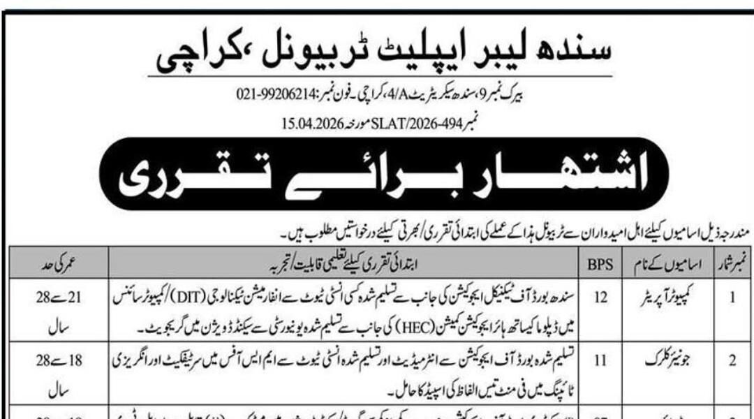 Latest Sindh Labour Appellate Tribunal Jobs 2026 Apply Karachi Jobs Online