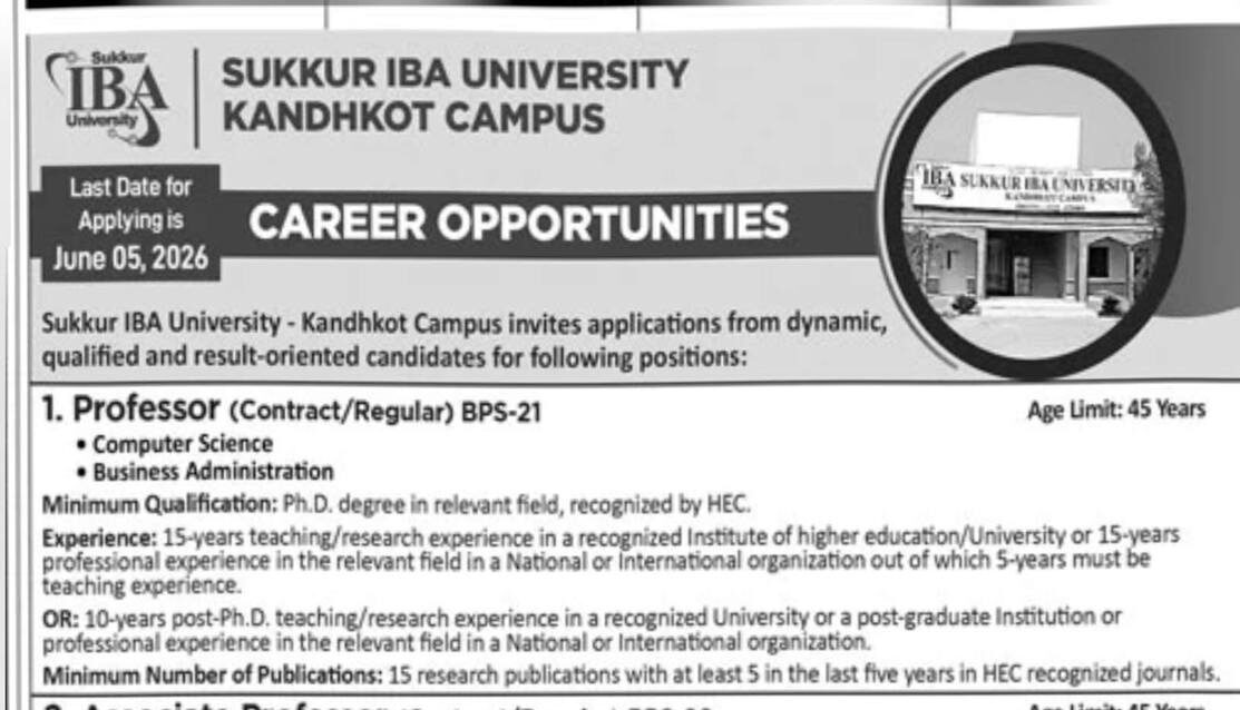 Latest IBA University Kandhkot Campus Jobs 2026 Advertisement Apply IBA Careers Online