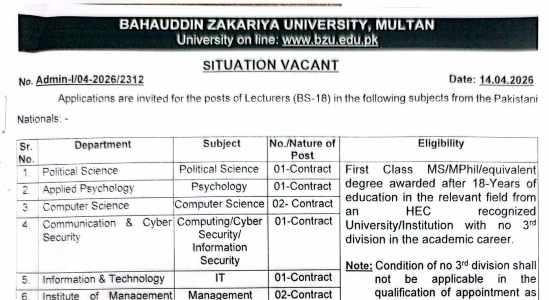 Latest Bahauddin Zakariya University Jobs 2026 Apply Govt University Jobs in Pakistan