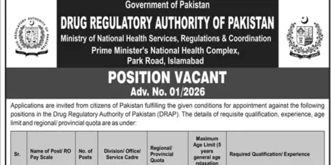 Latest Drug Regulatory Authority Jobs 2026 Apply Govt of Pakistan Jobs Now