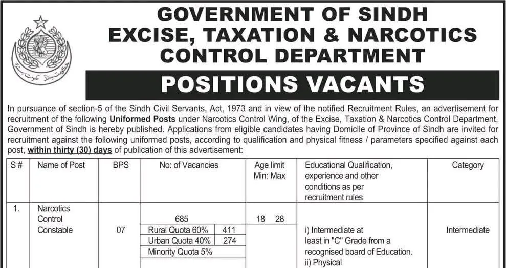 Latest Excise Taxation and Narcotics Jobs 2026 Government of Sindh Excise Taxation Jobs Advertisement Latest Excise Taxation and Narcotics Jobs 2026 Government of Sindh Excise Taxation Jobs Advertisement