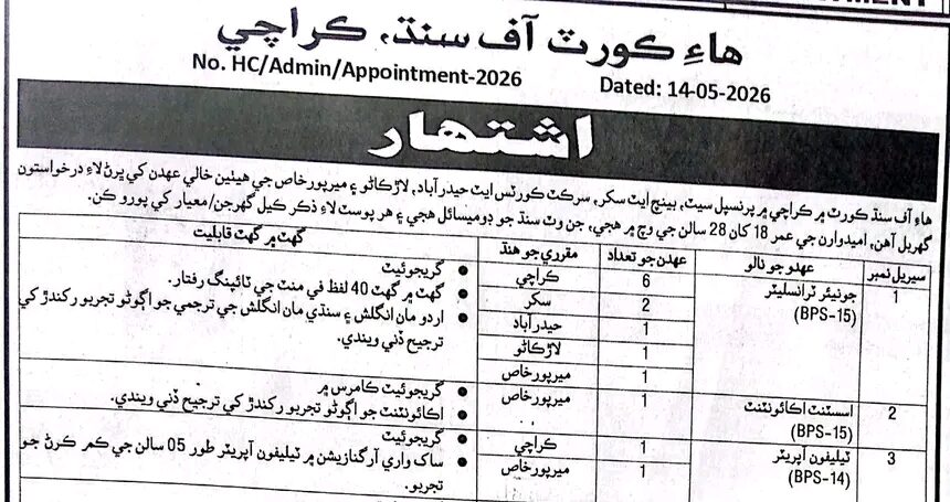 Latest High Court of Sindh Karachi Jobs 2026 Advertisement Apply NTS Online