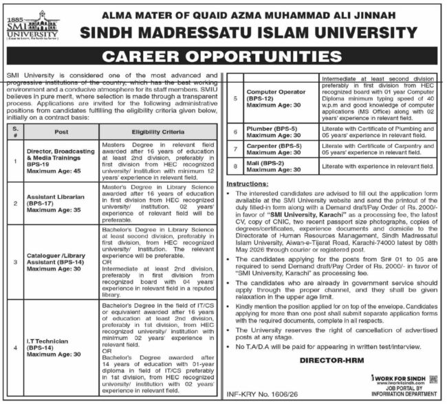 latest sindh madressatul islam university jobs,latest sindh madressatul university jobs 2026 advertisement,latest sindh madressatul islam karachi jobs 2026,latest sindh medressatul islam university careers jobs 2026,sindh madressatul university jobs 2026,