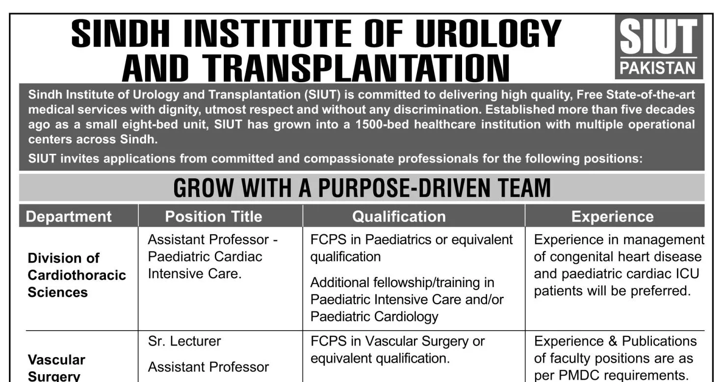 Latest SIUT Pakistan Jobs 2026 Apply Sindh Institute of Urology & Transplantation Latest SIUT Pakistan Jobs 2026 Apply Sindh Institute of Urology & Transplantation