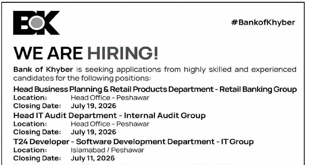 Latest Bank of Khyber Jobs Advertisement 2026 Apply BOK Careers Online