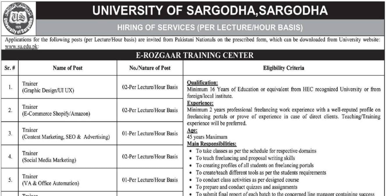 Latest University of Sargodha Jobs 2026 Apply E-Rozgaar Training Center Punjab Jobs Advertisement Latest University of Sargodha Jobs 2026 Apply E-Rozgaar Training Center Punjab Jobs Advertisement