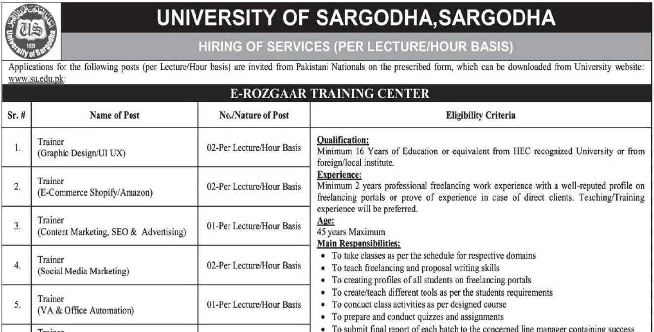 Latest University of Sargodha Jobs 2026 Apply E-Rozgaar Training Center Punjab Jobs Advertisement Latest University of Sargodha Jobs 2026 Apply E-Rozgaar Training Center Punjab Jobs Advertisement