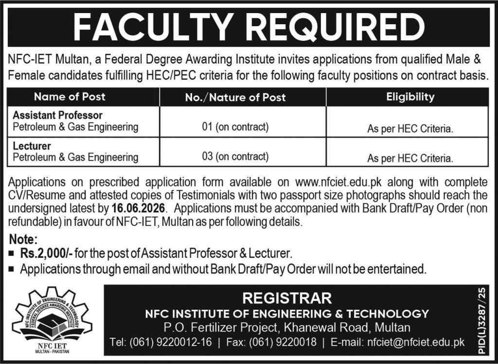 NFCIET Multan Jobs Advertisement 2026 Apply Latest NFC Multan Jobs Online