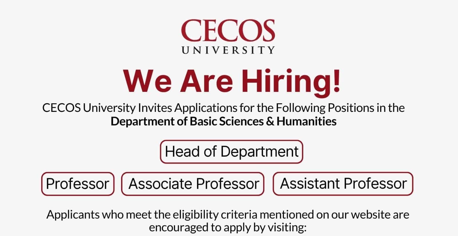 Latest CECOS University Jobs 2026 Advertisement Apply Online