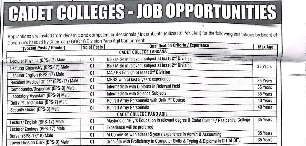 Latest Cadet College Jobs 2026 Advertisement Apply Cadet Colleges Sindh Online