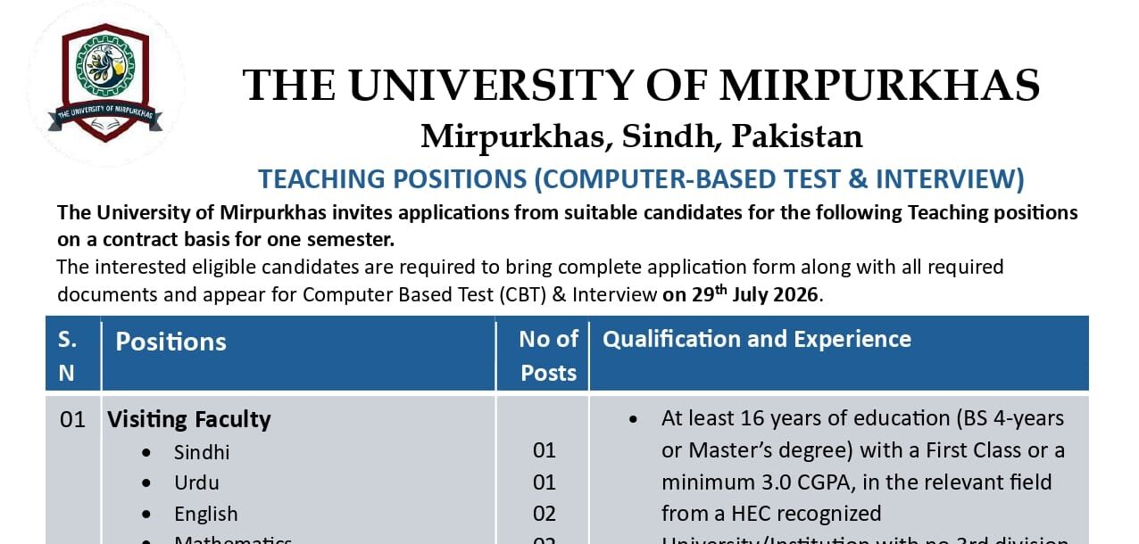 Latest University of Mirpurkhas Jobs 2026 Apply for Teaching & Non-Teaching UMPK Careers Latest University of Mirpurkhas Jobs 2026 Apply for Teaching & Non-Teaching UMPK Careers