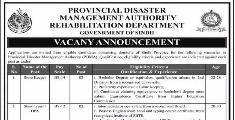 provincial disaster management authority jobs,latest pdma jobs 2026 advertisement,rehabitation department government of sindh jobs 2026,latest provincial disaster management authority jobs 2026,apply pdma jobs 2026,