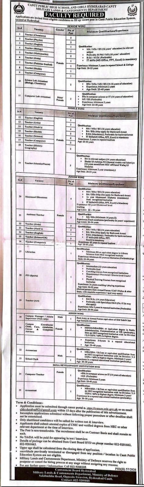 hyderabad cantt high school jobs,cantt public high school hyderabad jobs 2026,latest hyderabad cantt military lands and cantonments jobs 2026,latest jobs in hyderabad 2026,cantt military land and cantonment department jobs 2026,