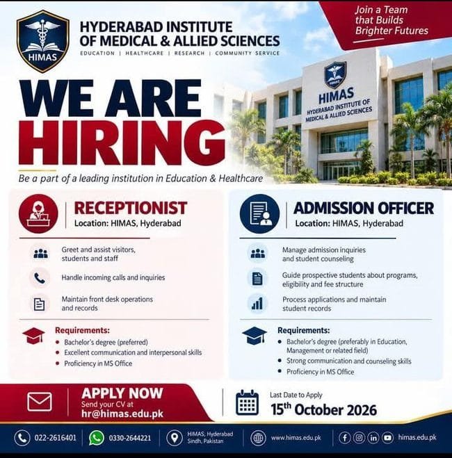 hyderabad institute of medical and allied sciences jobs,latest himas hyderabad jobs 2026,latest jobs in hyderabad sindh,latest himas jobs in hyderabad,receptionist jobs in hyderabad