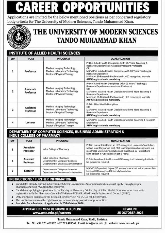 latest university of modern sciences jobs,university of modern sciences tando muhammad khan jobs 2026,