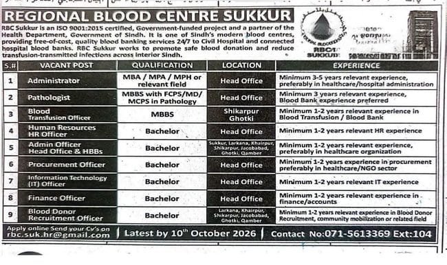 regional blood centre sukkur jobs,latest rbc sukkur jobs 2026,latest regional blood centre sukkur jobs 2026,apply rbc sukkur jobs 2026,latest jobs in sukkur jobs 2026,