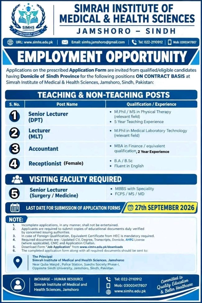 simrah jamshoro jobs,simrah institute of medical and health sciences jobs 2026,latest simhs jobs 2026,simrah jobs advertisement 2026,apply simrah jobs 2026,