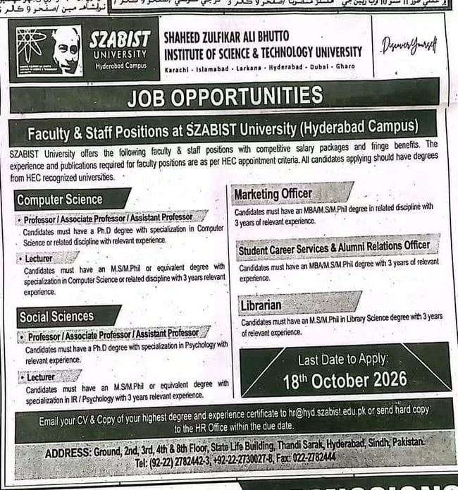 szabist university hyderabad campus jobs,latest szabist university jobs 2026,latest jobs in hyderabad 2026,szabist university jobs 2026 advertisement,apply szabist hyderabad jobs,