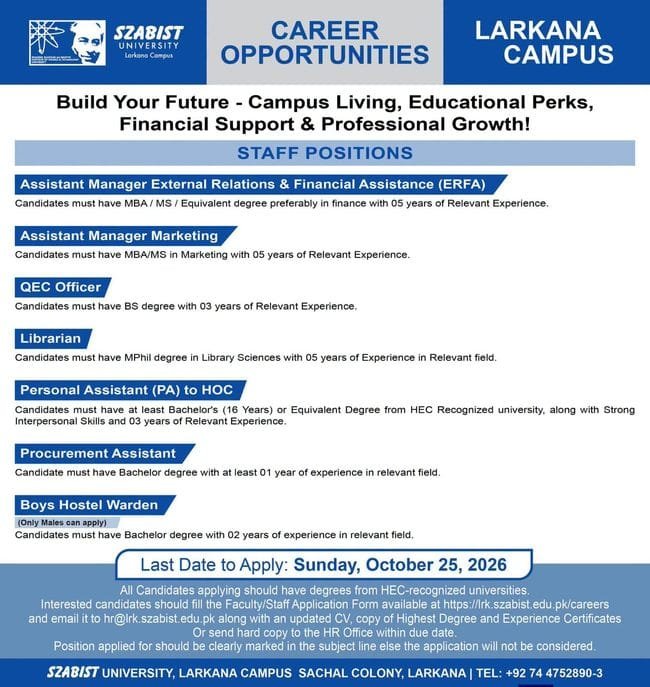 szabist university jobs,szabist university Larkana jobs 2026,szabist university larkana campus jobs 2026,latest szabist jobs 2026,latest larkana jobs 2026,