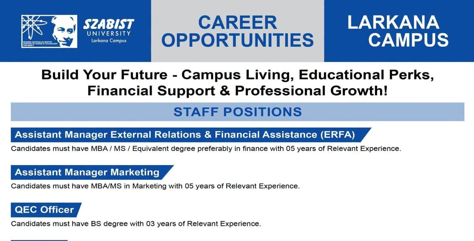 SZABIST University Jobs in Larkana 2026 Apply Now for Latest Staff Positions